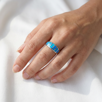 Ocean Mosaic Bar Opal Stone Band Ring - 925 Sterling Silver