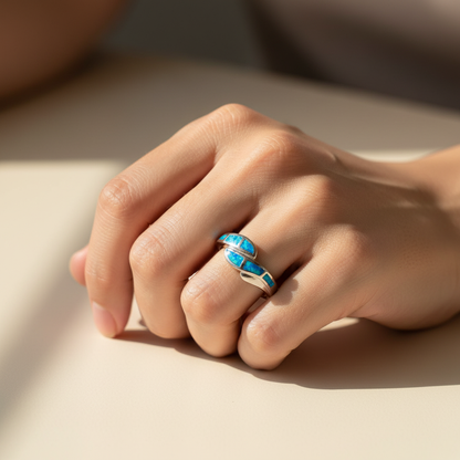 925 Sterling Silver Opal Stone Inlay Curved Ocean Wave Band Ring