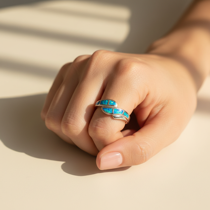 925 Sterling Silver Opal Stone Inlay Curved Ocean Wave Band Ring