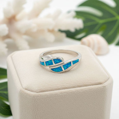 925 Sterling Silver Opal Stone Inlay Curved Ocean Wave Band Ring