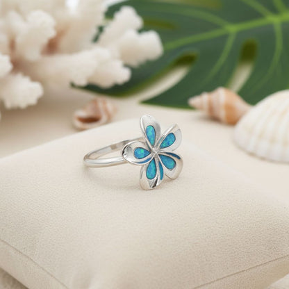 925 Sterling Silver Blue Opal Stone 15mm Plumeria Flower Band Ring