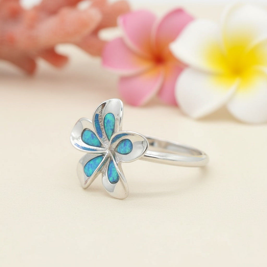925 Sterling Silver Blue Opal Stone 15mm Plumeria Flower Band Ring