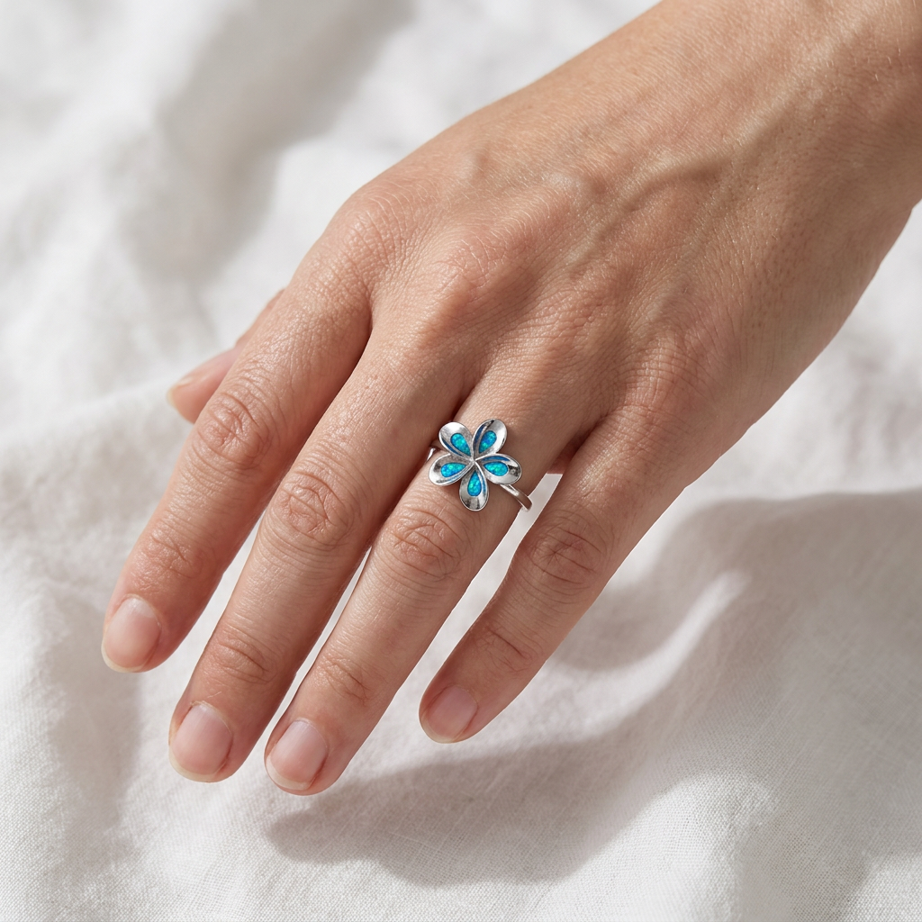 Hawaiian Plumeria Flower Blue Opal Stone Ring - 925 Sterling Silver