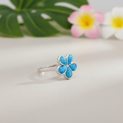 Hawaiian Plumeria Flower Opal Stone Band Ring - 925 Sterling Silver