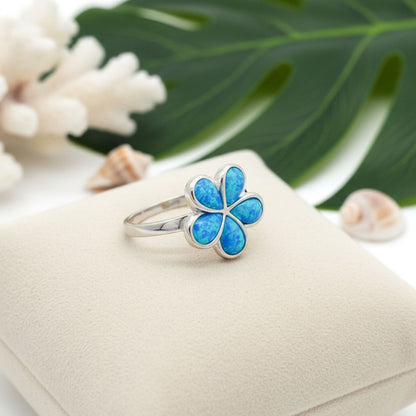 Hawaiian Plumeria Flower Opal Stone Band Ring - 925 Sterling Silver