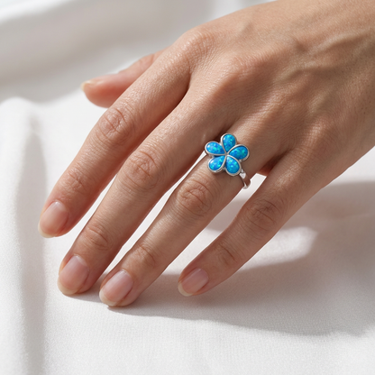 Hawaiian Plumeria Flower Opal Stone Band Ring - 925 Sterling Silver