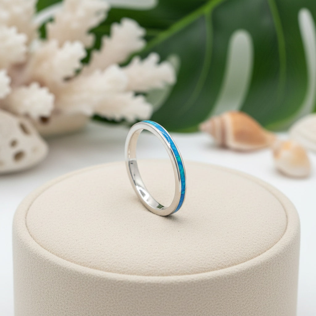 925 Sterling Silver Opal Stone 2mm Wedding Band Stackable Ring