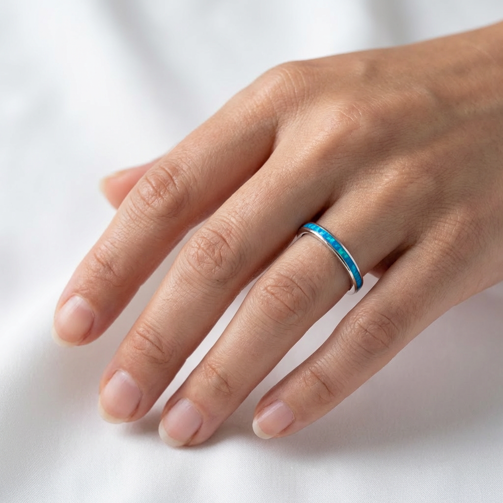 925 Sterling Silver Opal Stone 2mm Wedding Band Stackable Ring