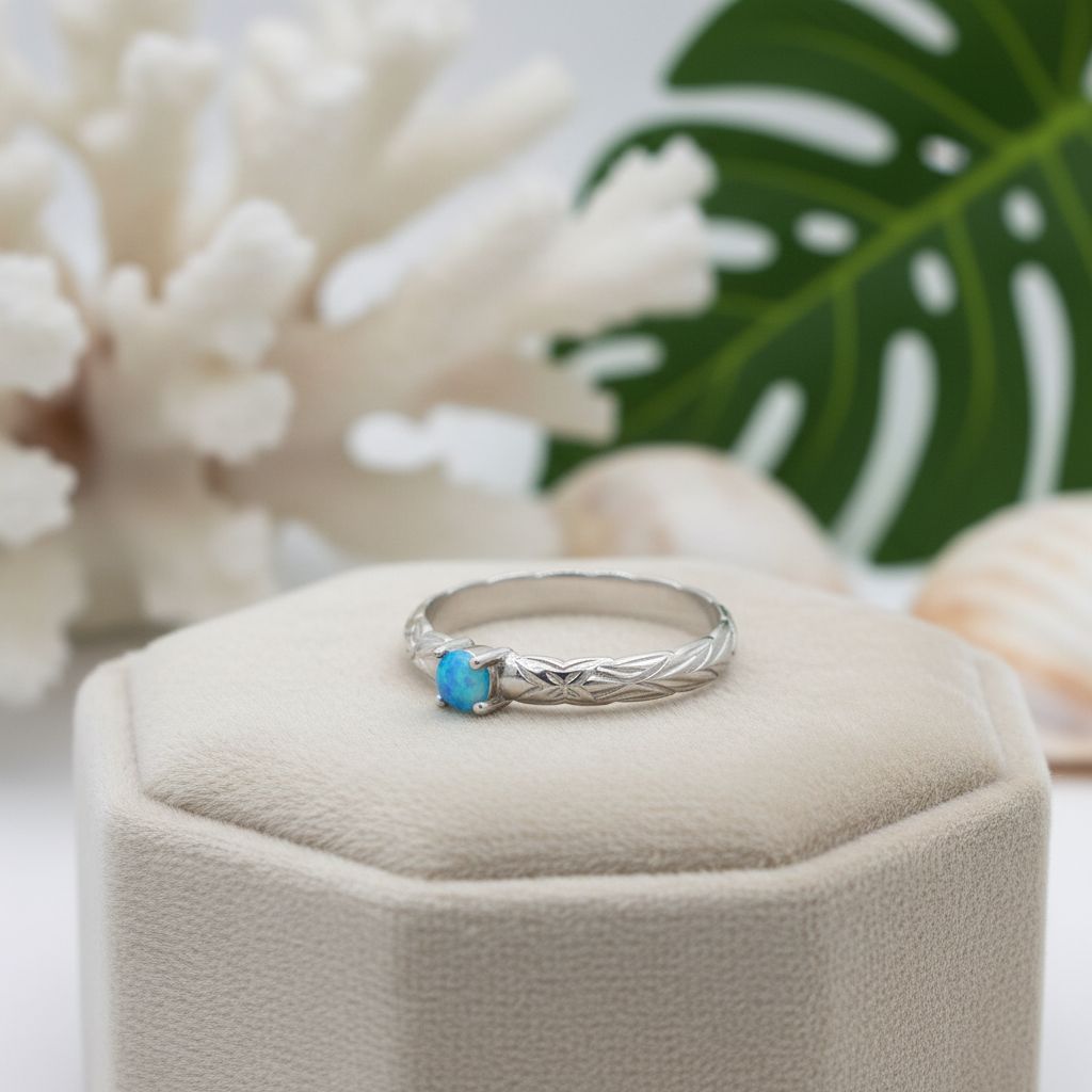 Hawaiian Heirloom Scroll Solitaire Opal Stone Band Ring - 925 Sterling Silver