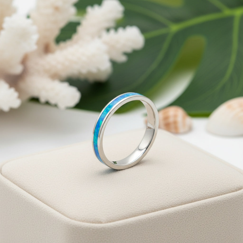 925 Sterling Silver Opal Stone 3mm Wedding Band Stackable Ring