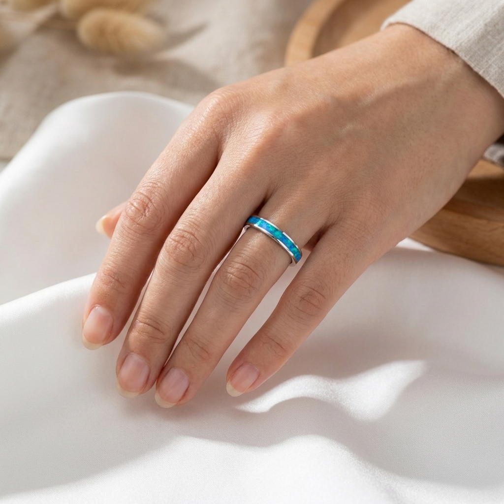 925 Sterling Silver Opal Stone 3mm Wedding Band Stackable Ring