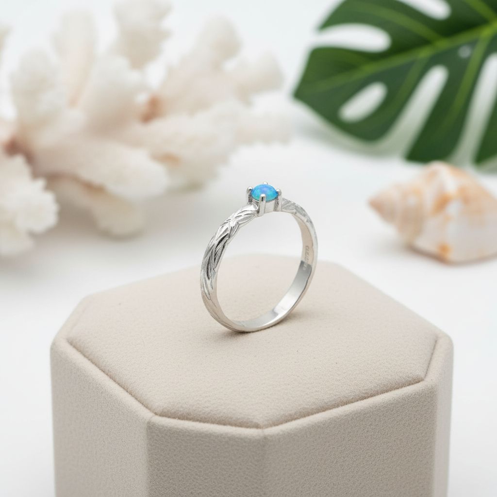 Hawaiian Heirloom Scroll Solitaire Opal Stone Band Ring - 925 Sterling Silver