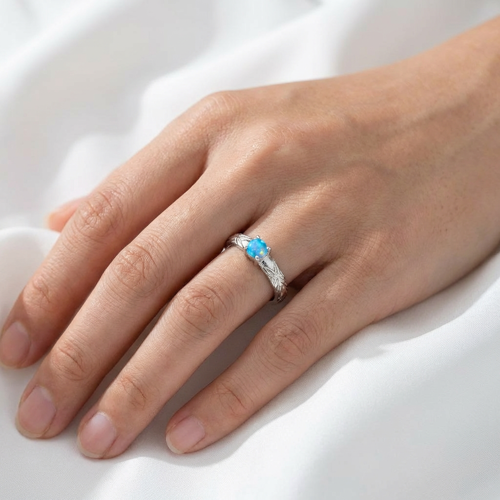 Hawaiian Heirloom Scroll Solitaire Opal Stone Band Ring - 925 Sterling Silver