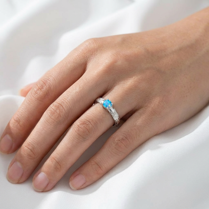 Hawaiian Heirloom Scroll Solitaire Opal Stone Band Ring - 925 Sterling Silver