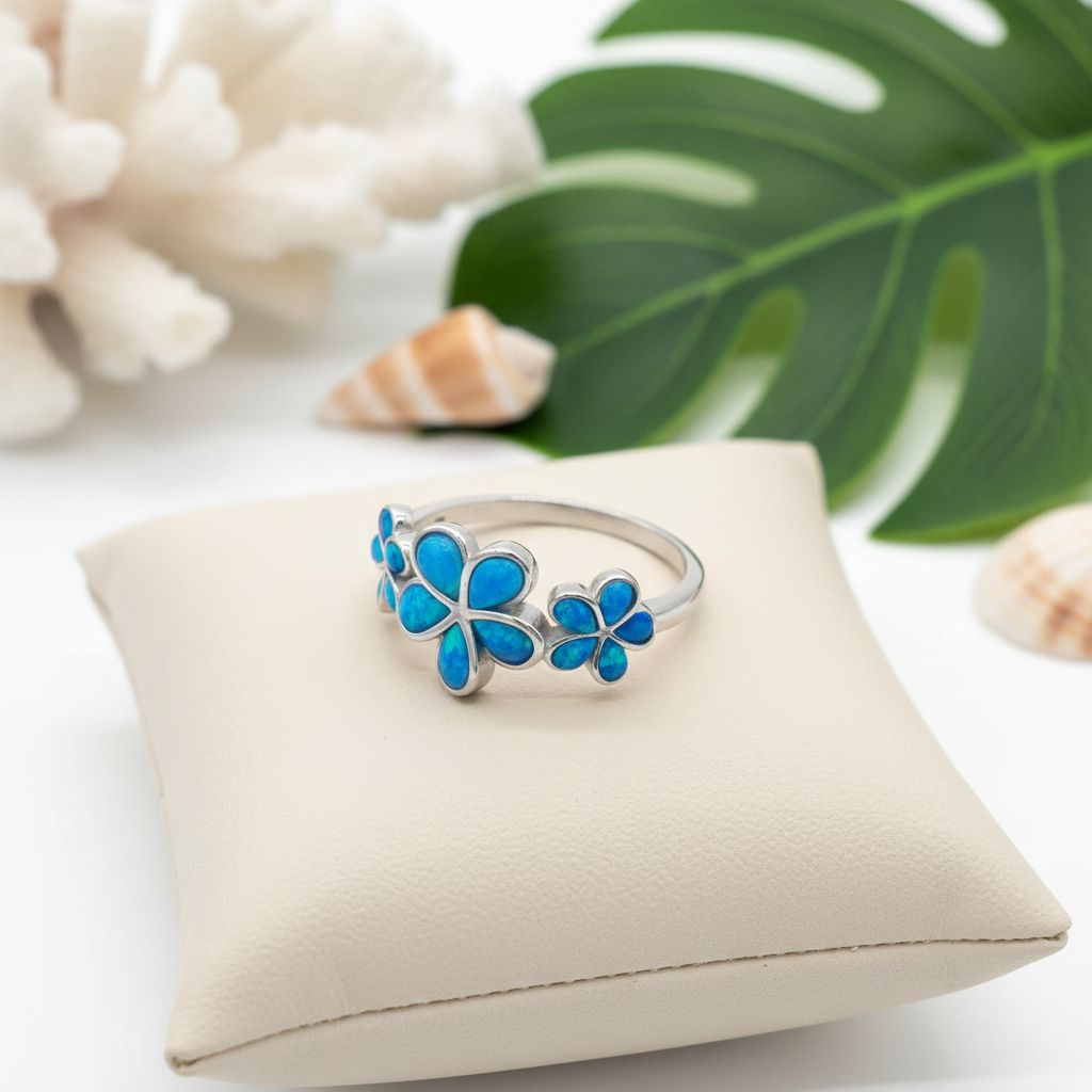 Triple Hawaiian Plumeria Flower Opal Stone Ring - 925 Sterling Silver