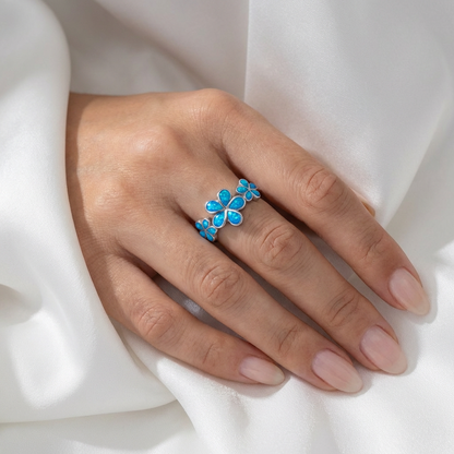 Triple Hawaiian Plumeria Flower Opal Stone Ring - 925 Sterling Silver
