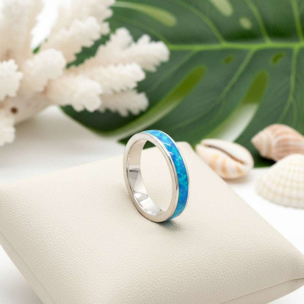 925 Sterling Silver Opal Stone 4mm Wedding Band Stackable Ring