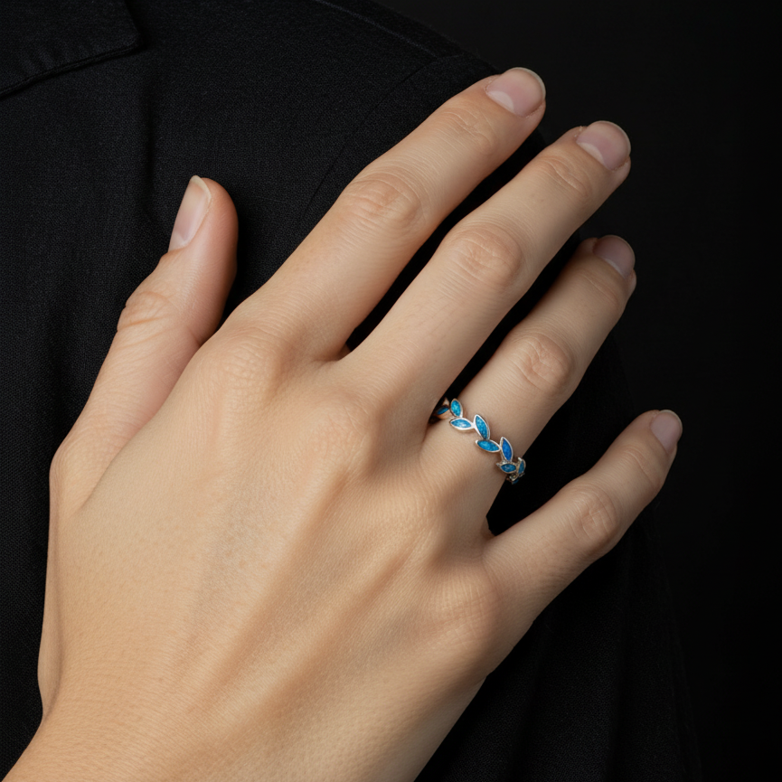 Hawaiian Maile Leaf Inlay Opal Stone Band Ring - 925 Sterling Silver