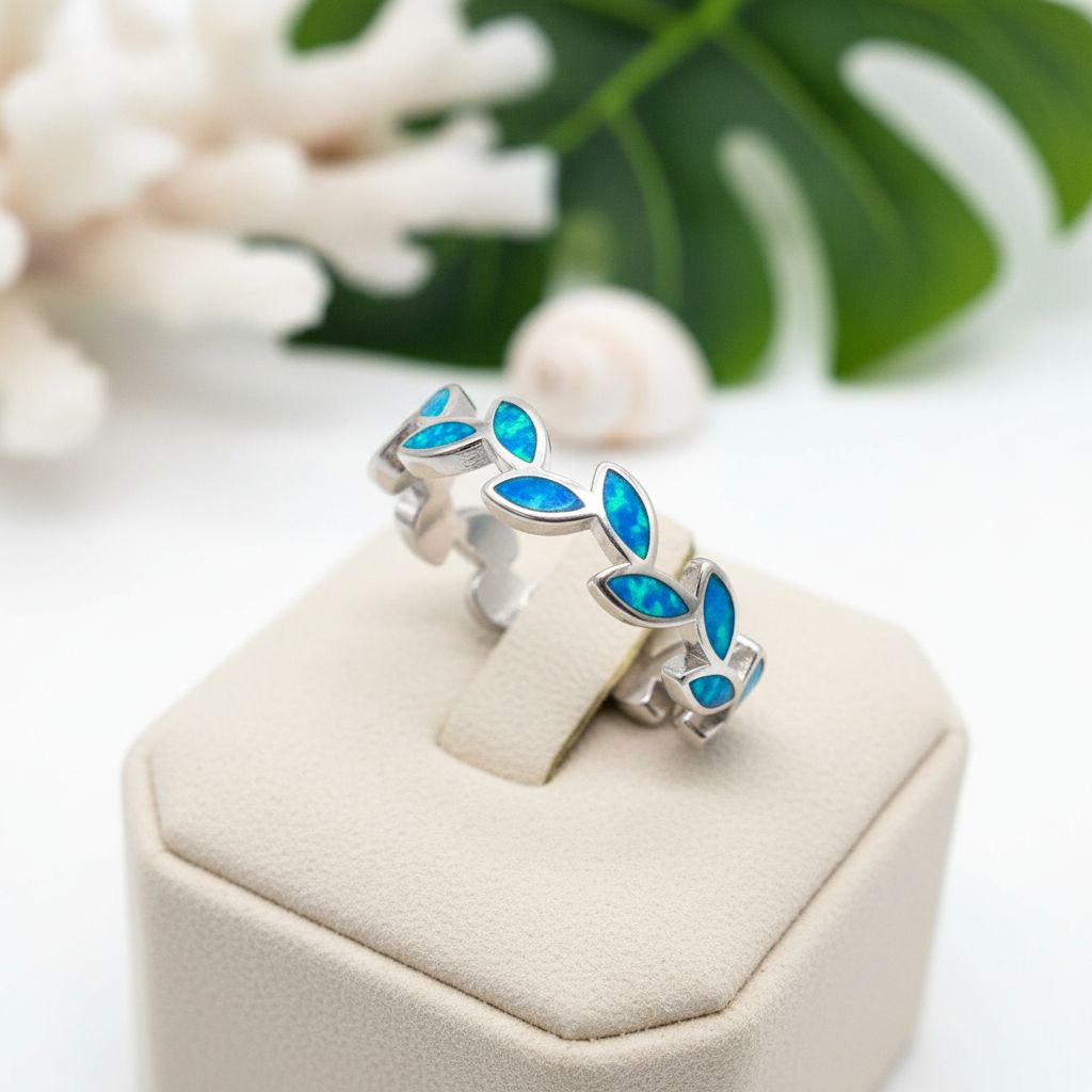 Hawaiian Maile Leaf Inlay Opal Stone Band Ring - 925 Sterling Silver