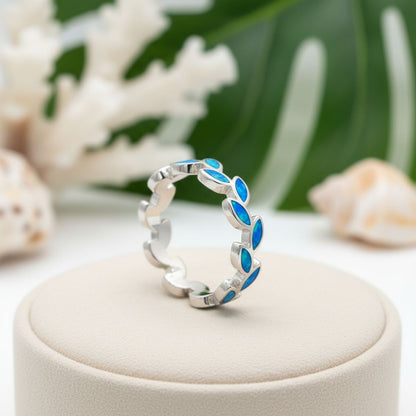 Hawaiian Maile Leaf Inlay Opal Stone Band Ring - 925 Sterling Silver