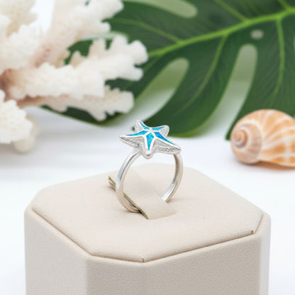 Hawaiian Starfish Inlay Blue Opal Stone Band Ring - 925 Sterling Silver