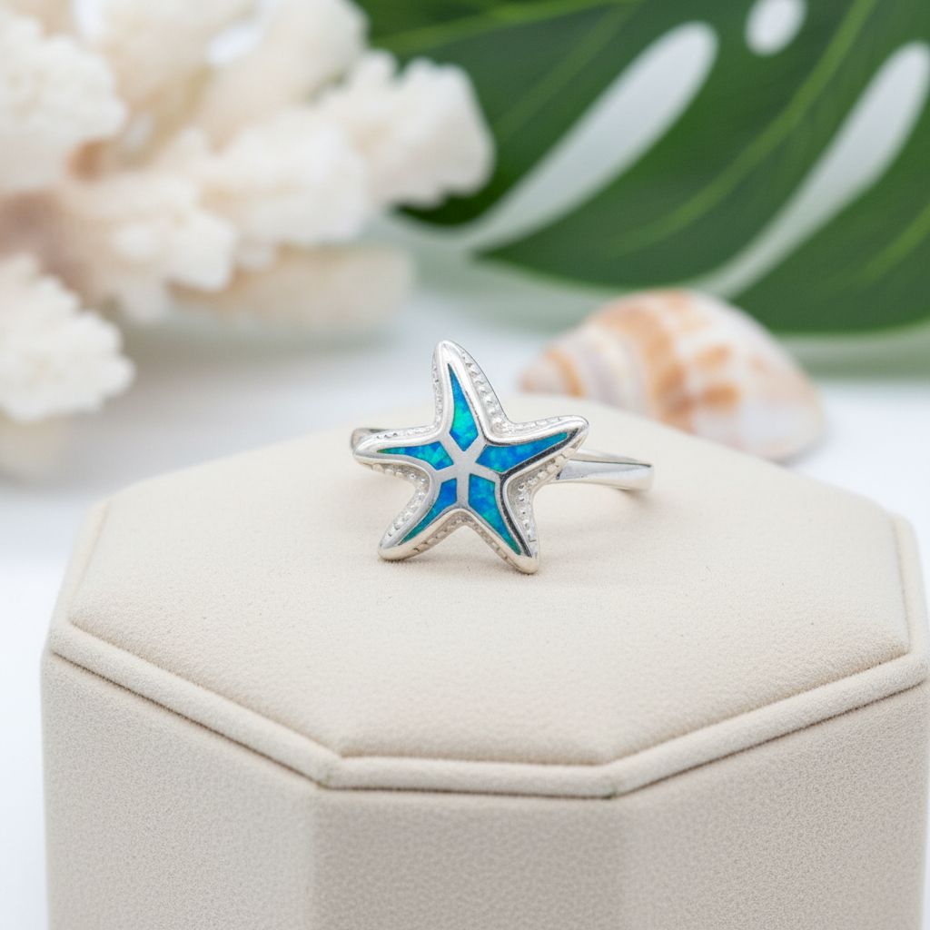 Hawaiian Starfish Inlay Blue Opal Stone Band Ring - 925 Sterling Silver