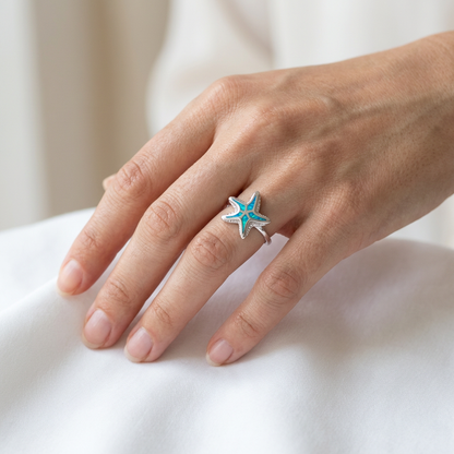 Hawaiian Starfish Inlay Blue Opal Stone Band Ring - 925 Sterling Silver
