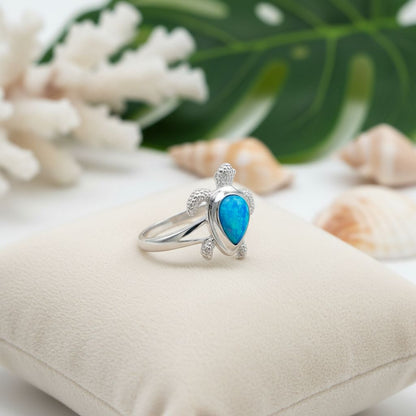 925 Sterling Silver Blue Opal Stone Hawaiian Sea Turtle Band Ring