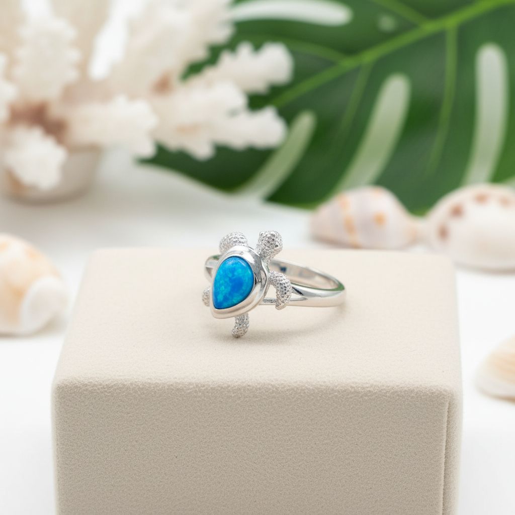 925 Sterling Silver Blue Opal Stone Hawaiian Sea Turtle Band Ring