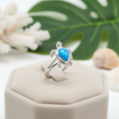 925 Sterling Silver Blue Opal Stone Hawaiian Sea Turtle Band Ring