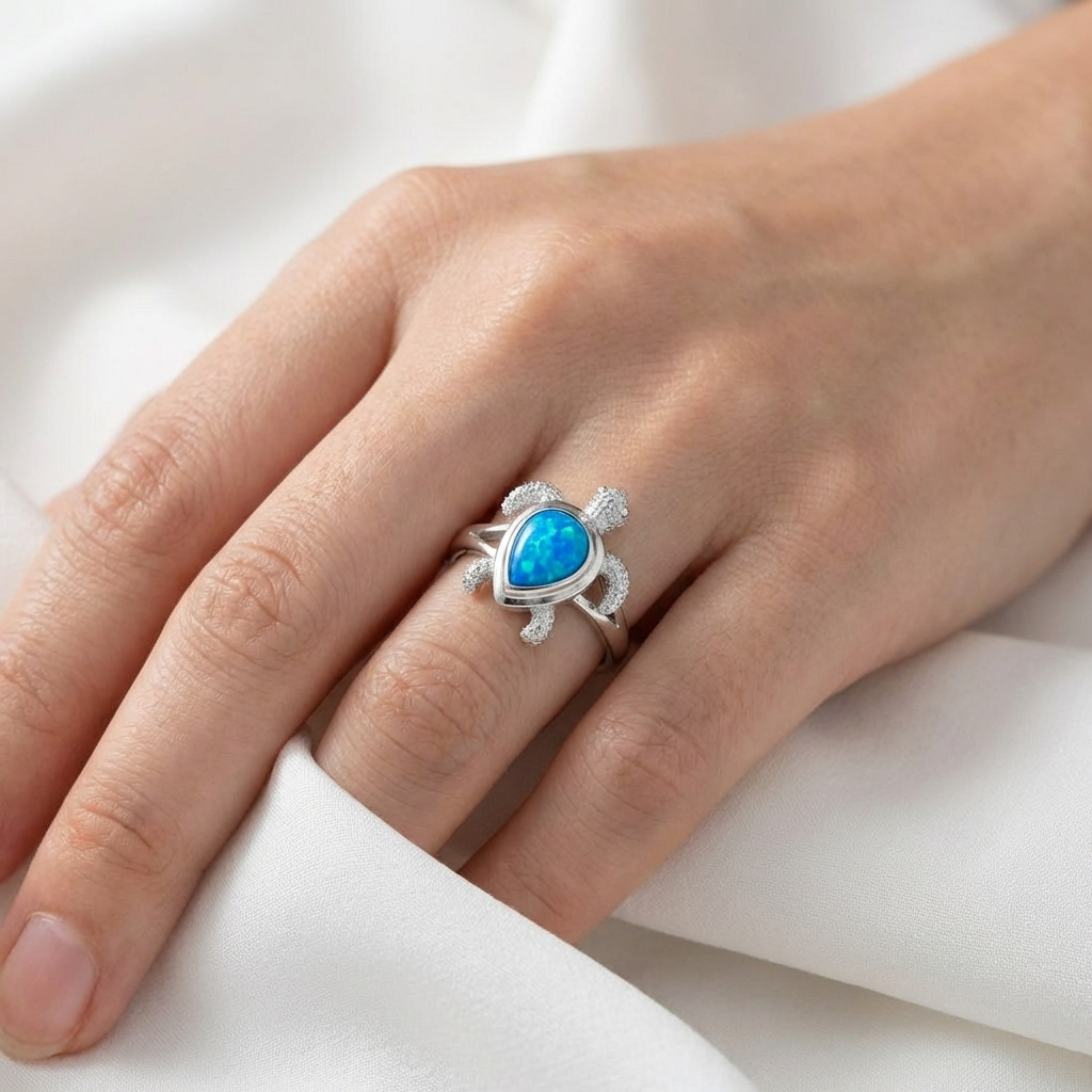 925 Sterling Silver Blue Opal Stone Hawaiian Sea Turtle Band Ring