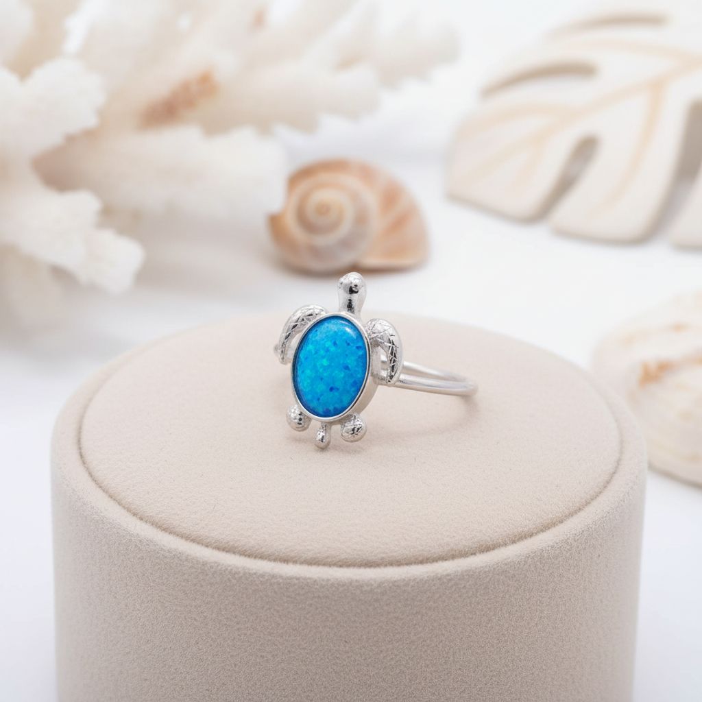 Classic Hawaiian Sea Turtle Honu Blue Opal Stone Ring - 925 Sterling Silver