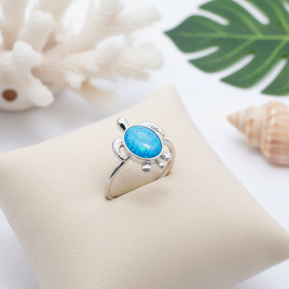 Classic Hawaiian Sea Turtle Honu Blue Opal Stone Ring - 925 Sterling Silver