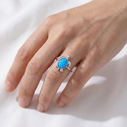 Classic Hawaiian Sea Turtle Honu Blue Opal Stone Ring - 925 Sterling Silver