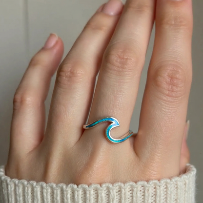 925 Sterling Silver Opal Stone Round Ocean Line Wave Ring
