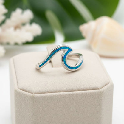 925 Sterling Silver Opal Stone Round Ocean Line Wave Ring