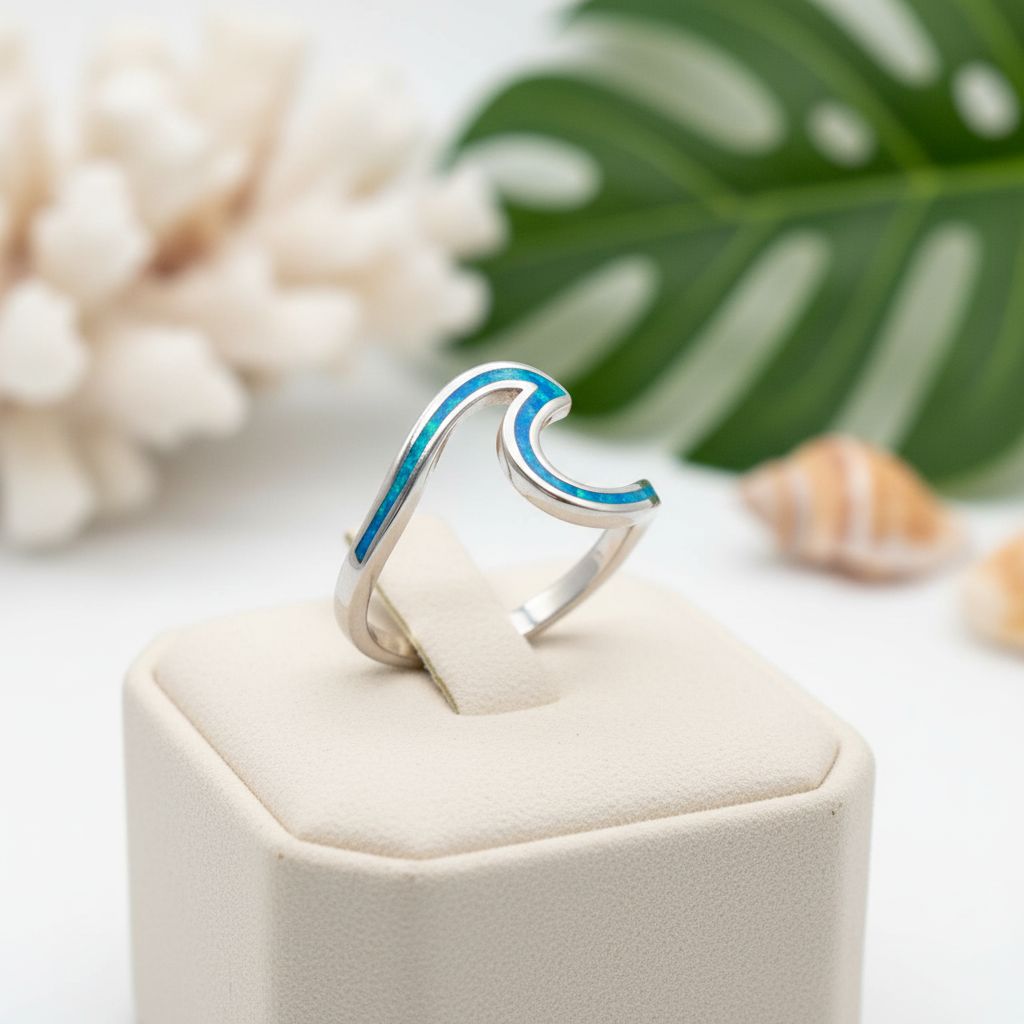 925 Sterling Silver Opal Stone Round Ocean Line Wave Ring
