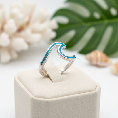 925 Sterling Silver Opal Stone Round Ocean Line Wave Ring