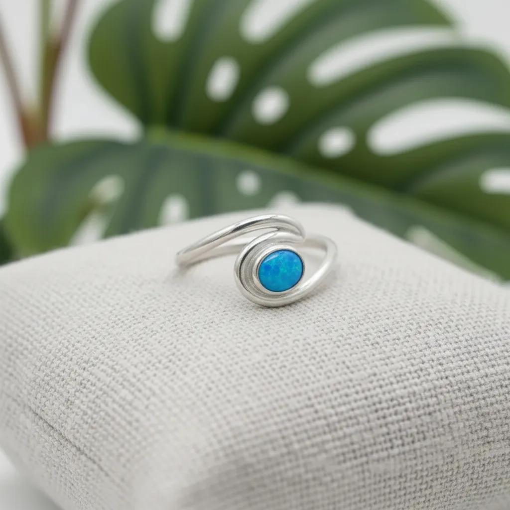 925 Sterling Silver Blue Opal Stone Ocean Wave Band Ring