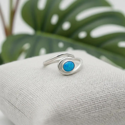 925 Sterling Silver Blue Opal Stone Ocean Wave Band Ring