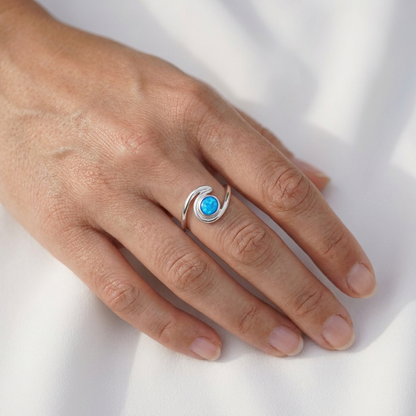 925 Sterling Silver Blue Opal Stone Ocean Wave Band Ring