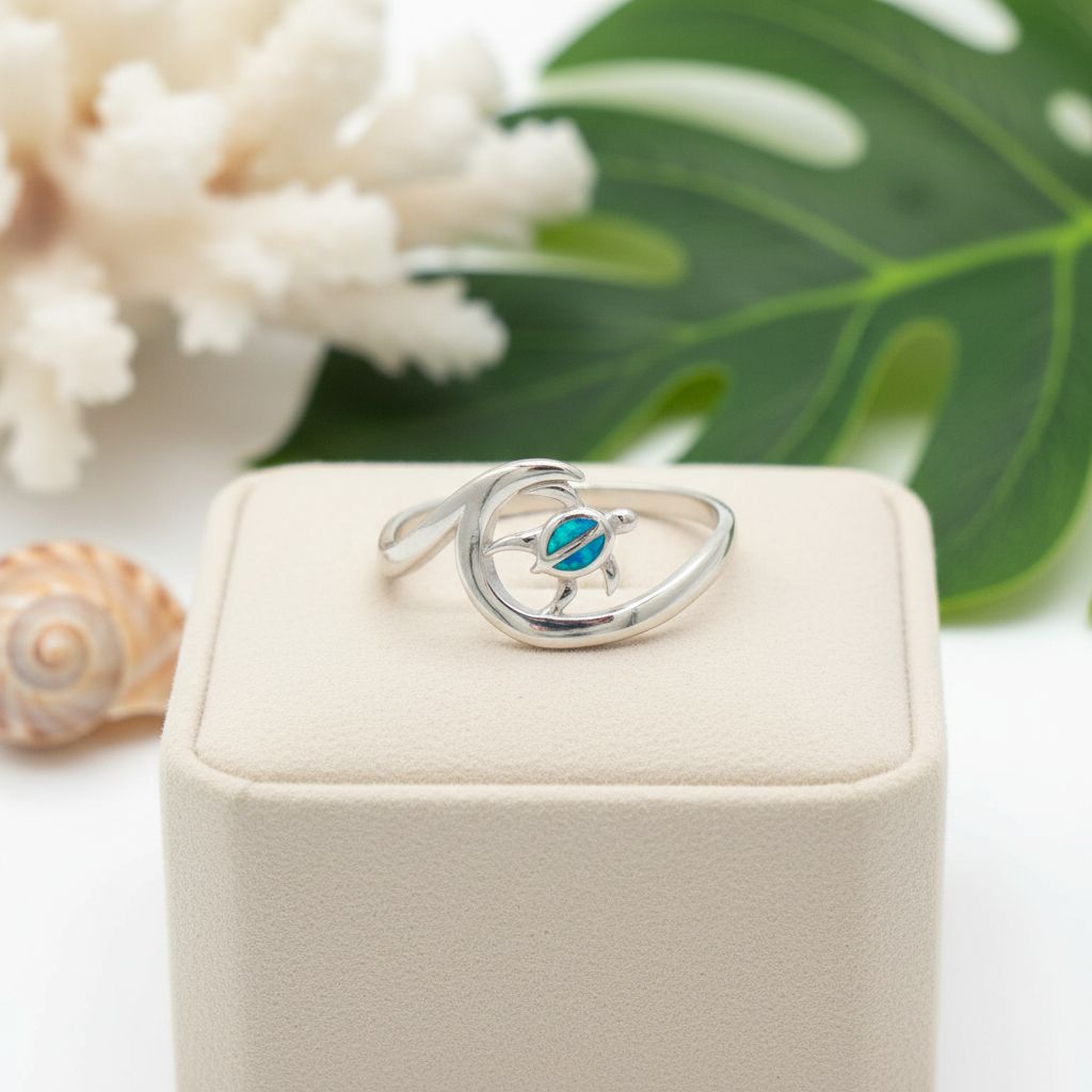925 Sterling Silver Blue Opal Stone Hawaiian Sea Turtle Wave Ring