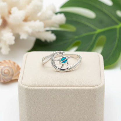 925 Sterling Silver Blue Opal Stone Hawaiian Sea Turtle Wave Ring
