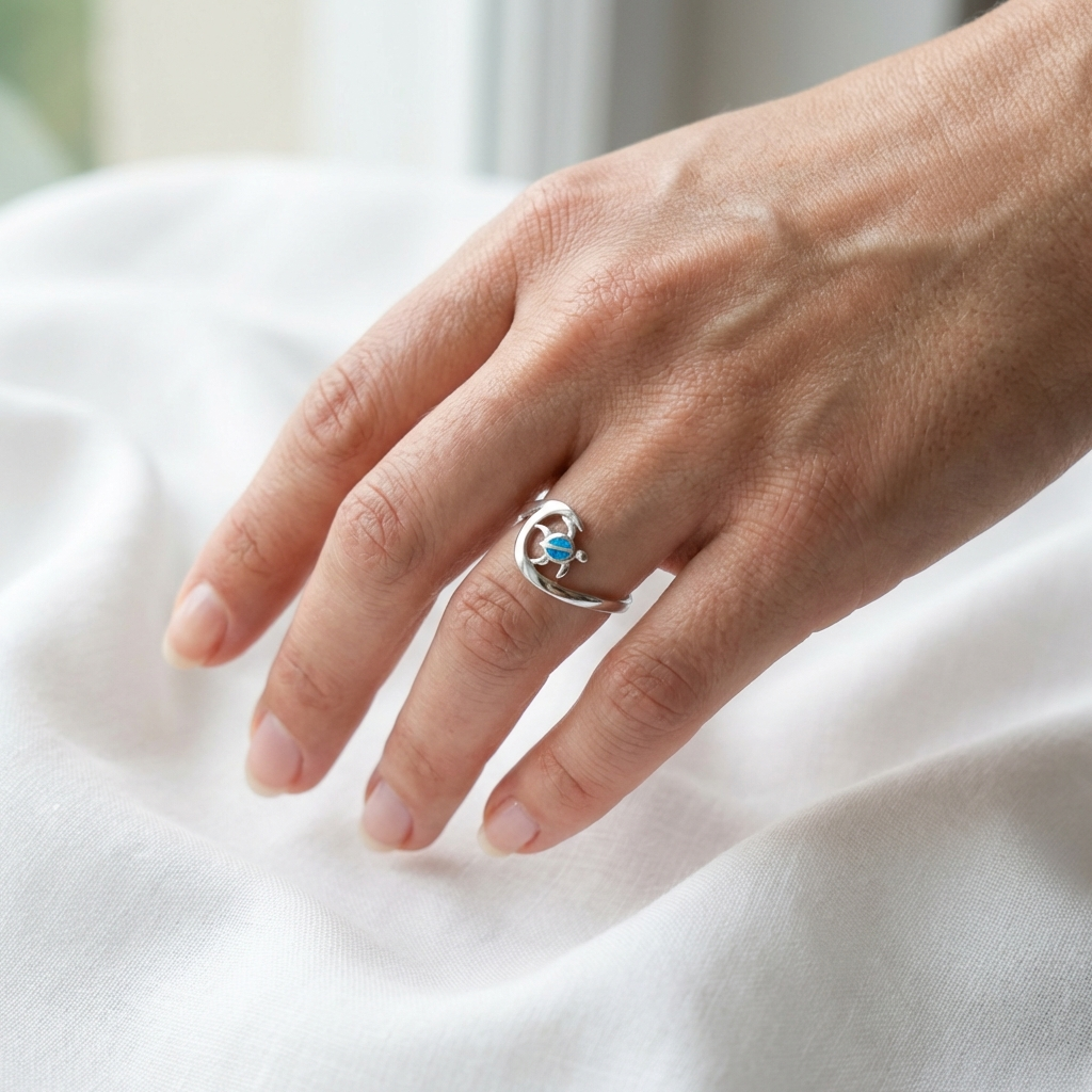 925 Sterling Silver Blue Opal Stone Hawaiian Sea Turtle Wave Ring