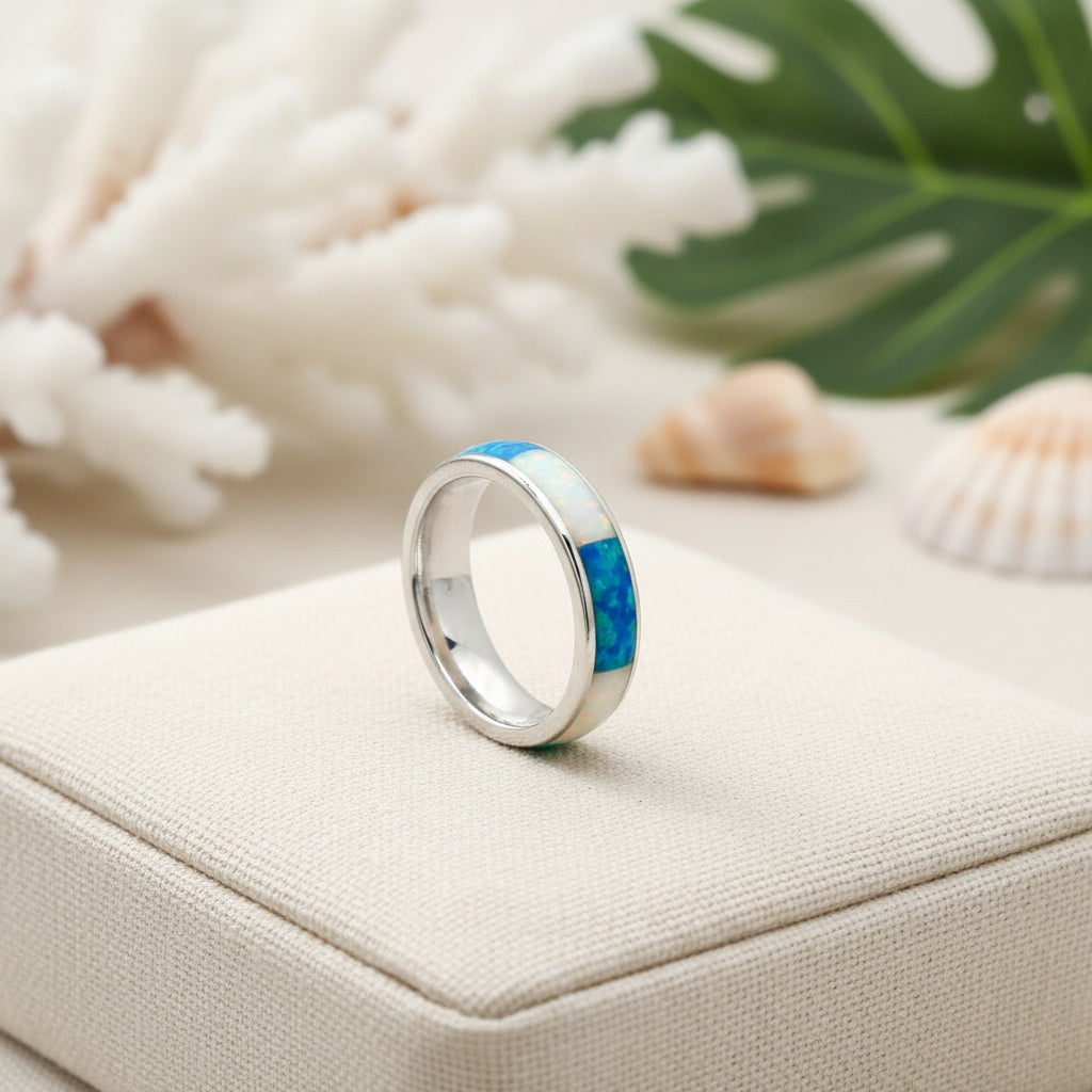 925 Sterling Silver Mix Opal Stone 5mm Stackable Wedding Band Ring