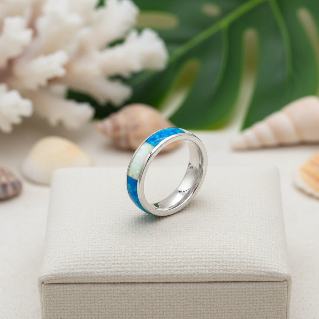 925 Sterling Silver Mix Opal Stone 5mm Stackable Wedding Band Ring