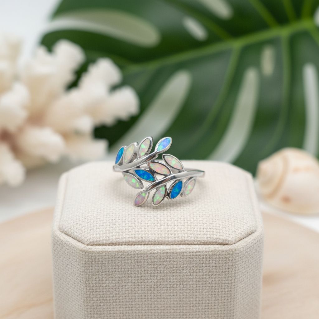Hawaiian Maile Leaf Vine Mix Opal Stone Ring - 925 Sterling Silver