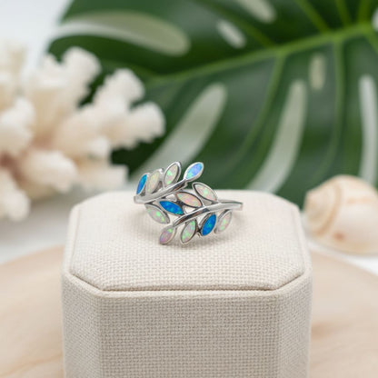 Hawaiian Maile Leaf Vine Mix Opal Stone Ring - 925 Sterling Silver