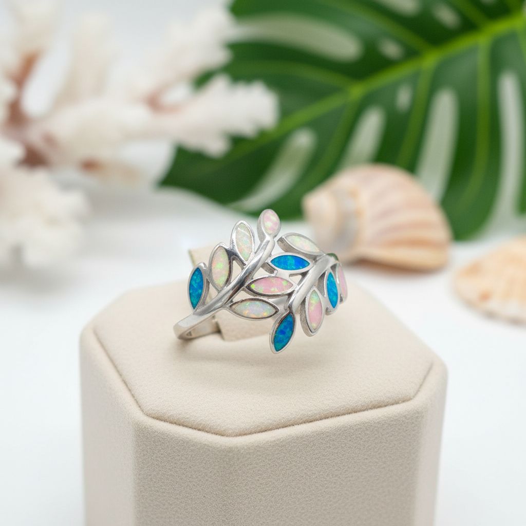Hawaiian Maile Leaf Vine Mix Opal Stone Ring - 925 Sterling Silver