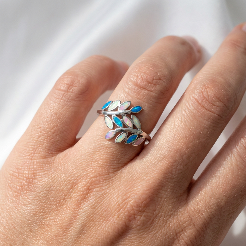 Hawaiian Maile Leaf Vine Mix Opal Stone Ring - 925 Sterling Silver